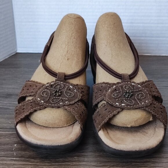 Earth Spirit Low Heel 6.5 Cross Strap Brown Woven Strappy Comfort Boho Sandals - Picture 3 of 12